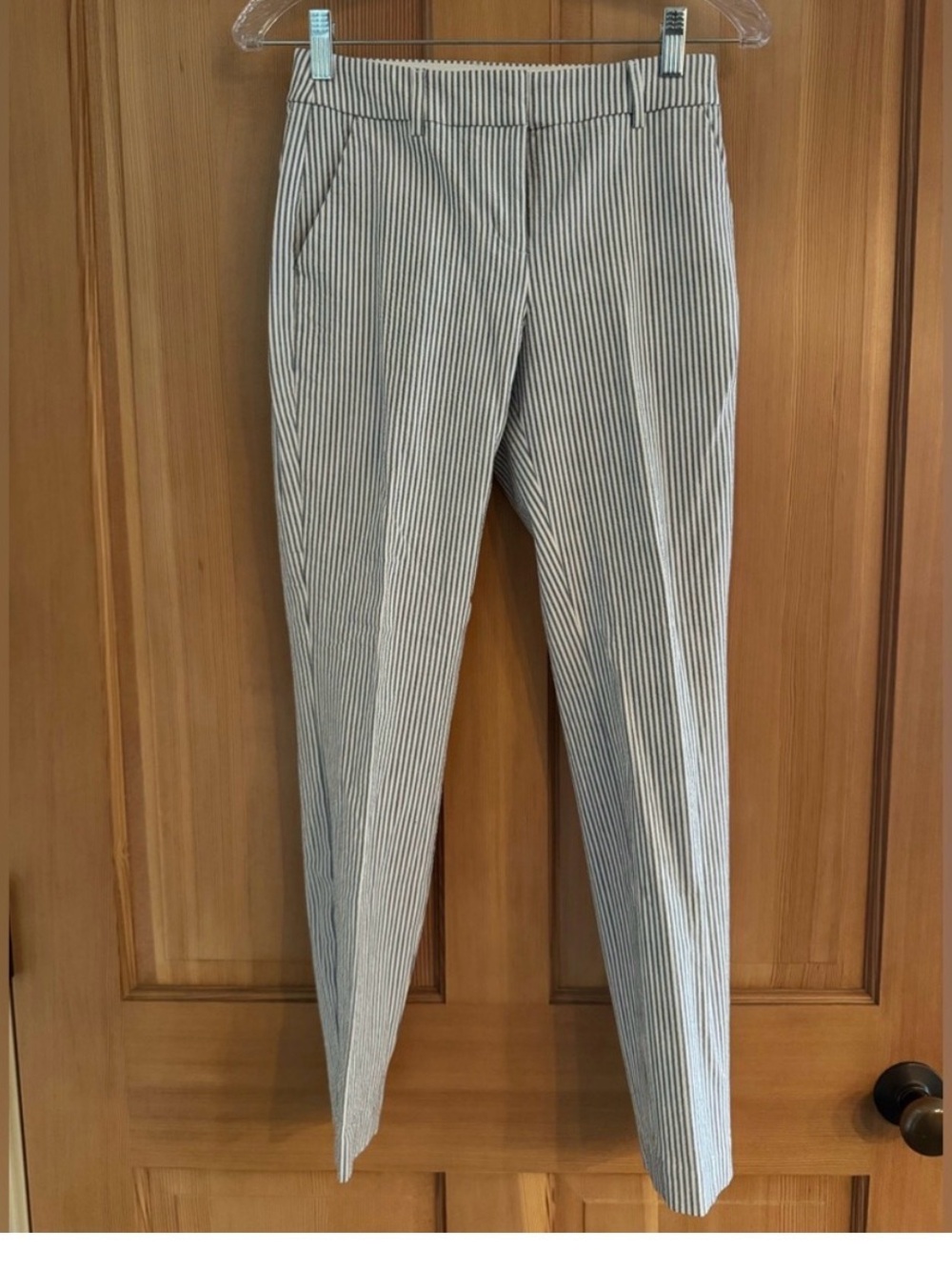 Express Women's Ankle Pants in White and Navy Pinstripe